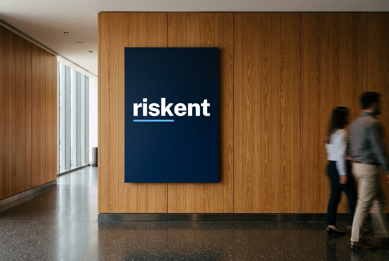 Logotipo Riskent sobre el panel azul de una pared de madera.