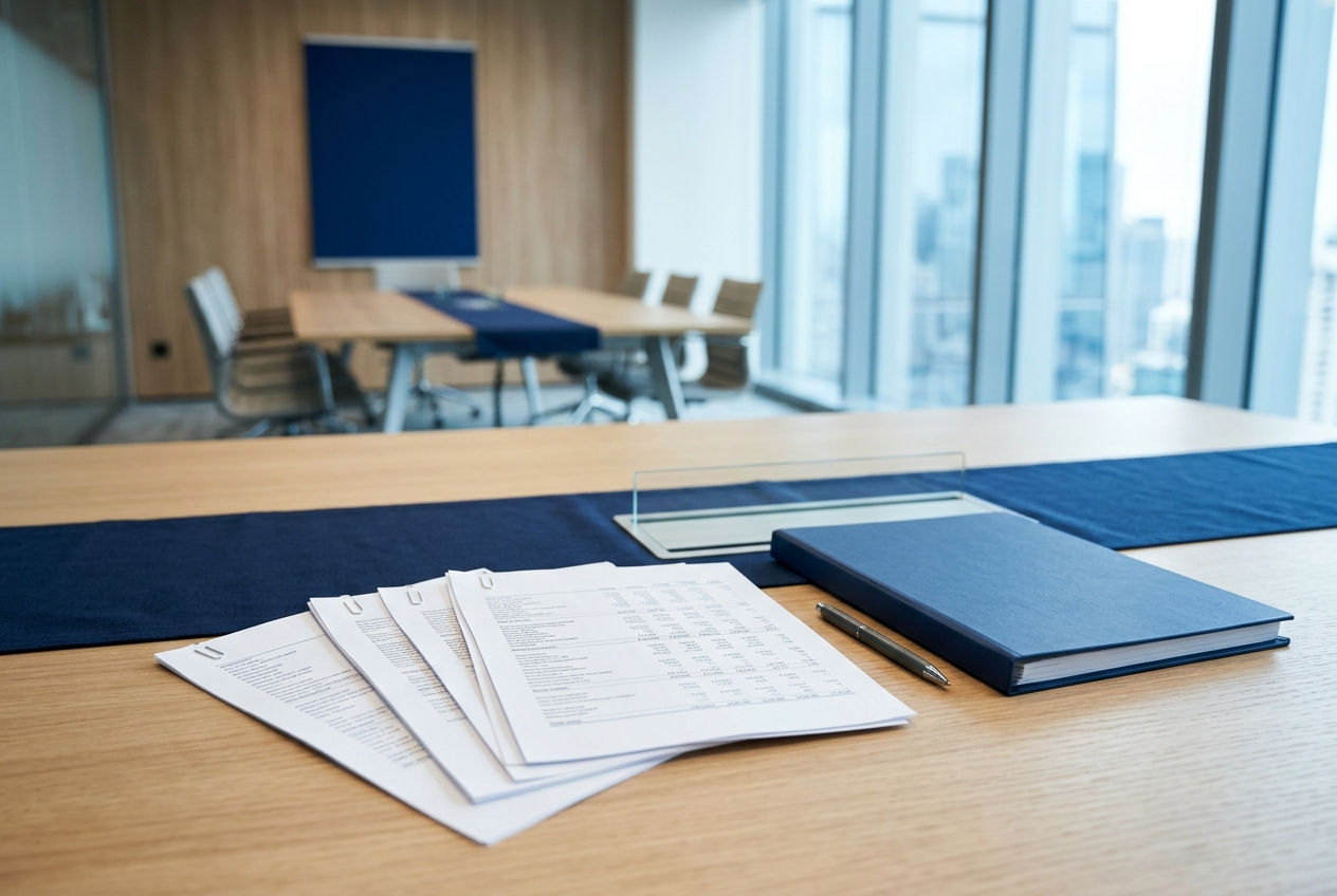 Mesa de revisión de evidencia con documentos, expediente y espacio de trabajo corporativo.