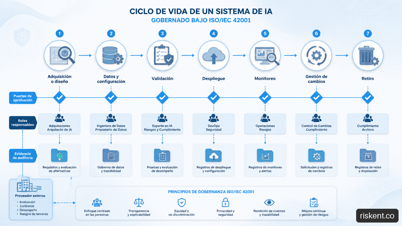 Ciclo de vida de un sistema de IA con validación, despliegue, monitorización y gestión de cambios.